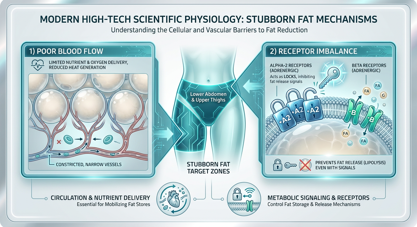 Infographic explaining why stubborn fat is hard to lose, focusing on blood flow and receptor density.