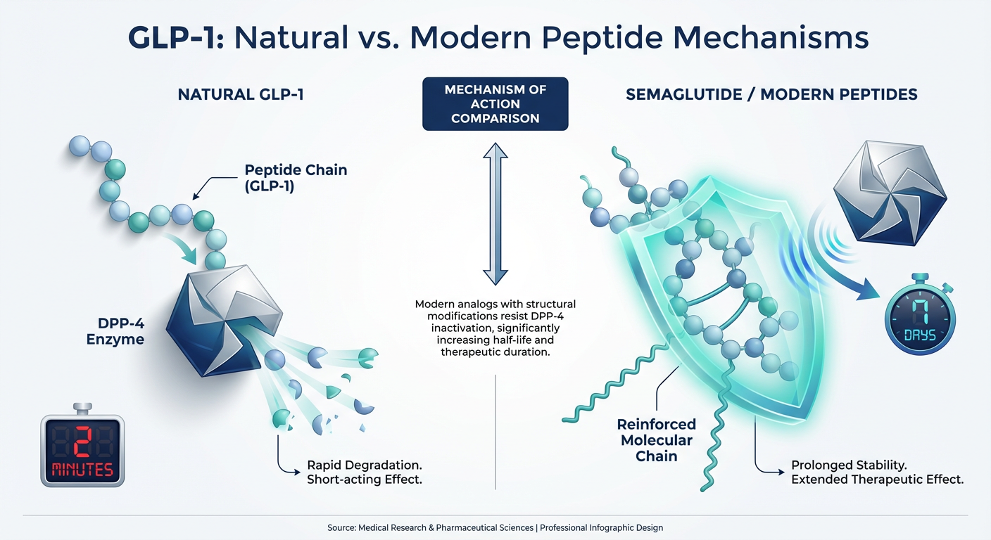 An infographic comparing the molecular stability of natural GLP-1 versus synthetic <a href=