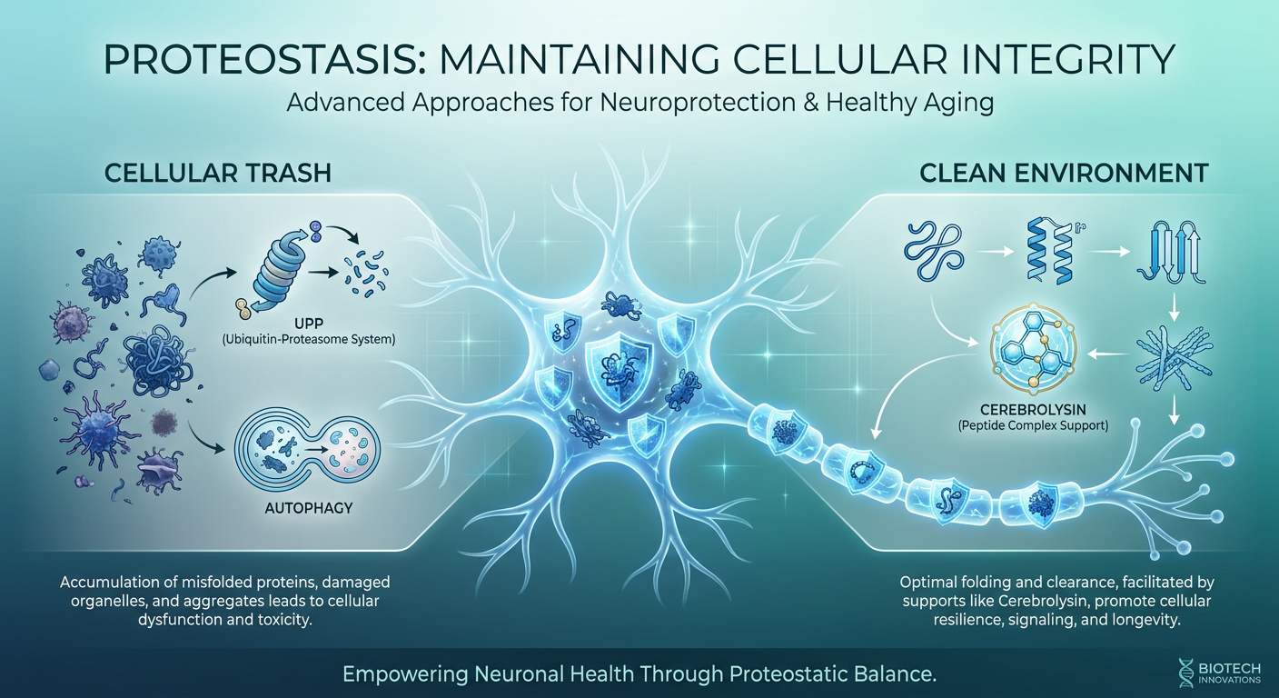 Infographic explaining Proteostasis as a cellular waste management system and the role of Cerebrolysin in neuroprotection.
