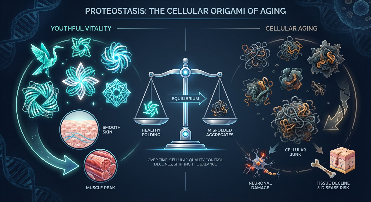 A medical infographic titled 'Proteostasis: The Cellular Origami of Aging' showing the difference between healthy protein folding and misfolded protein accumulation.