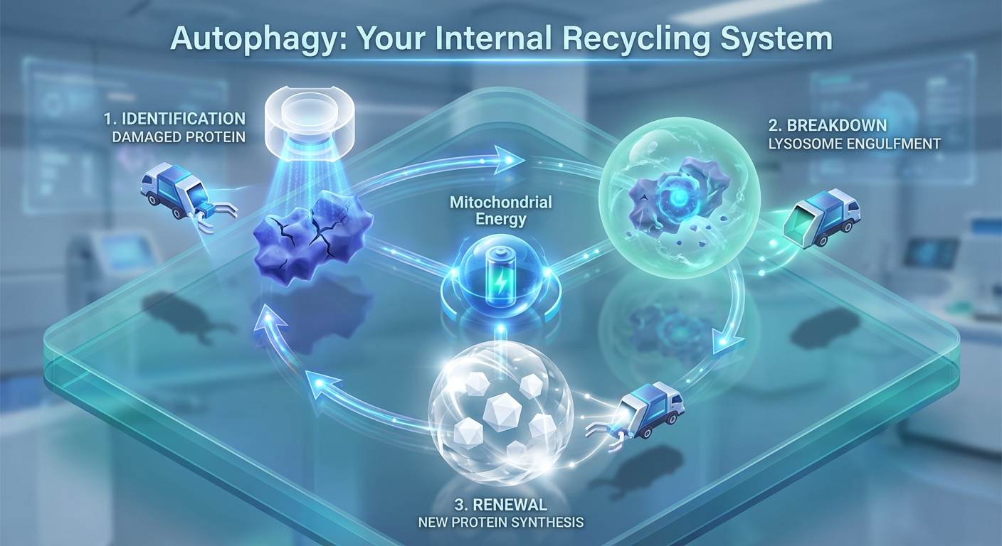 An infographic titled 'Autophagy: The Cellular Recycling Center' depicting the process of a cell breaking down damaged proteins into new building blocks.