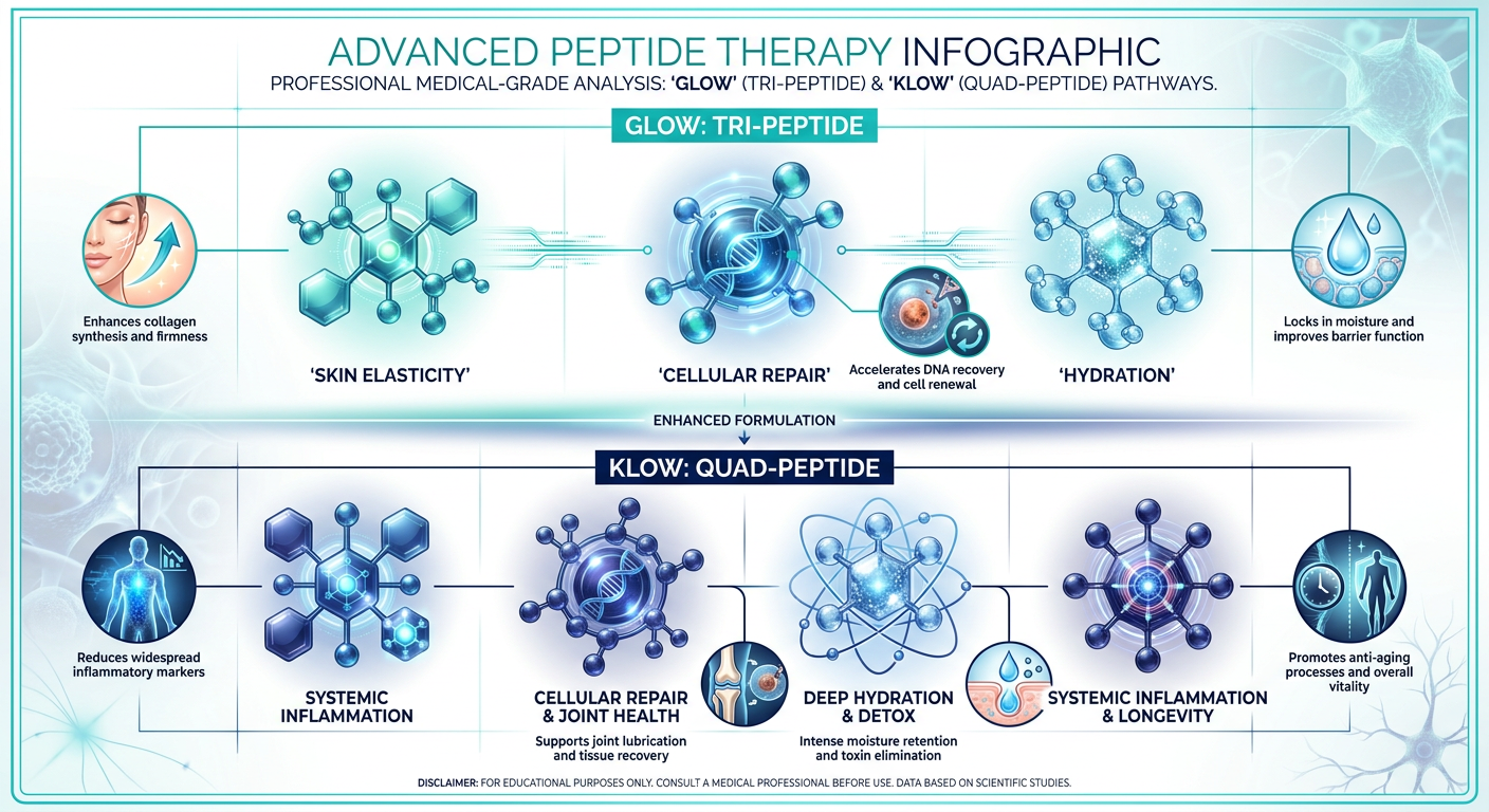 A scientific comparison infographic showing the difference between the GLOW tri-peptide blend and the KLOW quad-peptide blend using molecular structures and benefit icons.