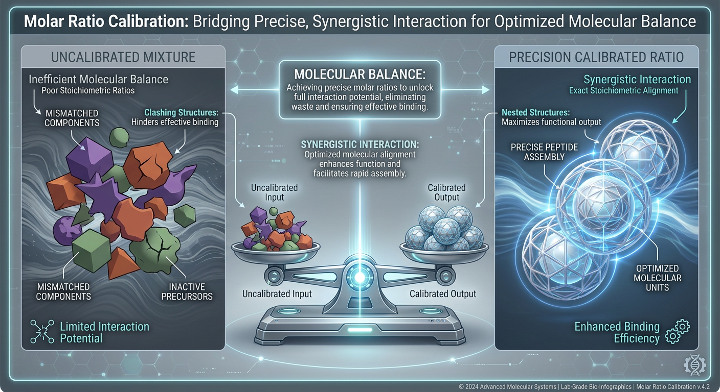 An infographic explaining the concept of Molar Ratio Calibration in peptide research using an 'Expert Calibration' versus 'Imbalance' comparison.
