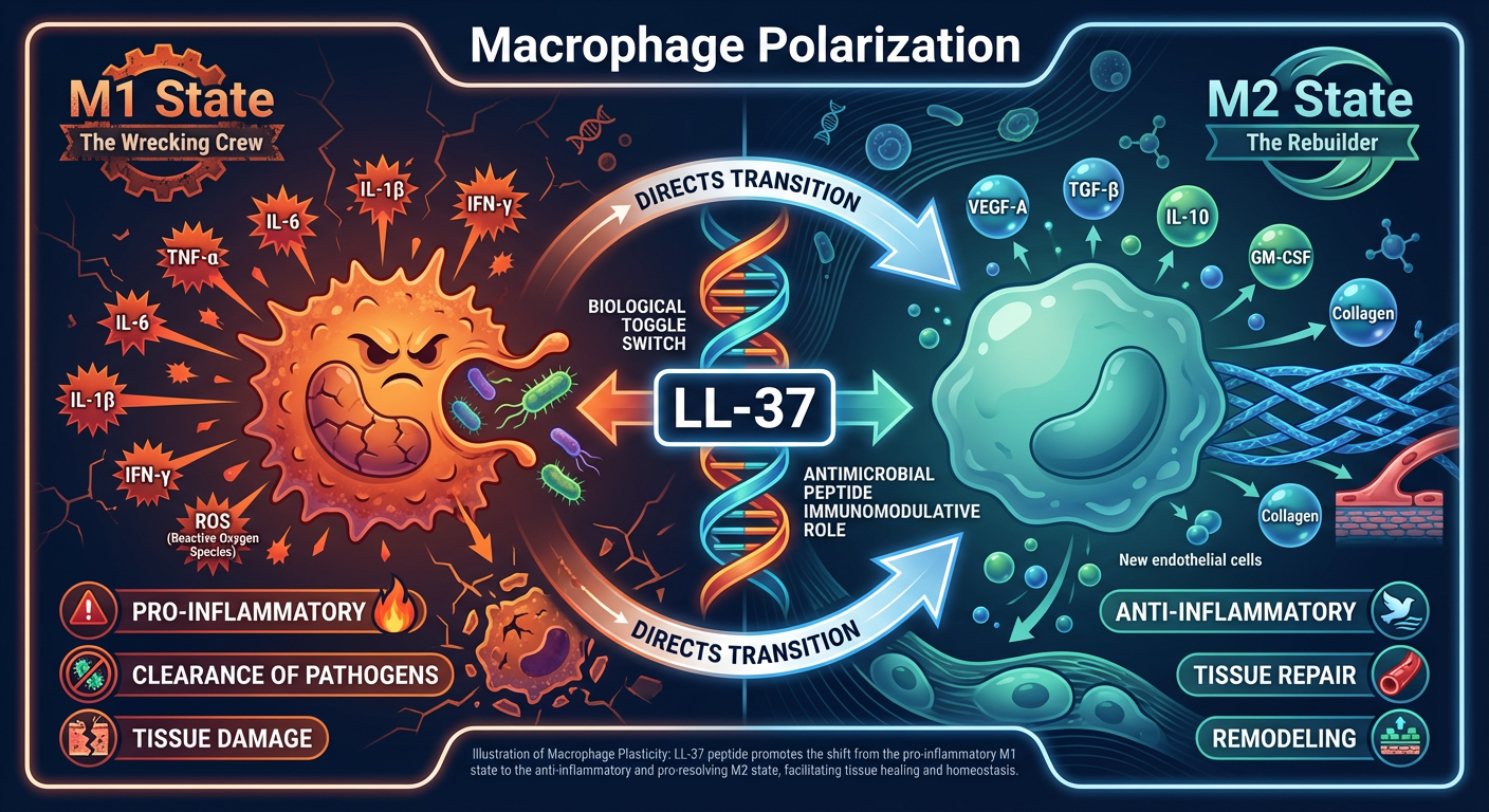 A professional scientific infographic showing a macrophage cell transitioning between M1 and M2 states, labeled as the Wrecking Crew and the Rebuilders, with LL-37 acting as the switch.
