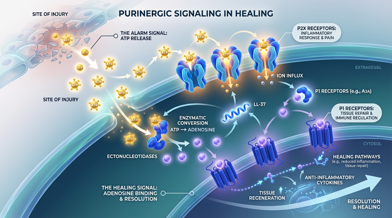 A detailed diagram of purinergic signaling showing ATP and Adenosine molecules interacting with a cell membrane, with LL-37 modulating the process.