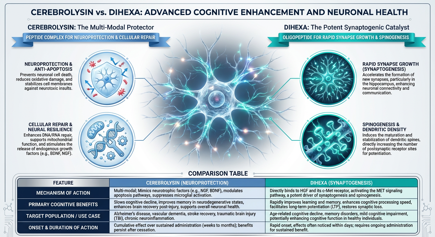 An infographic comparing Cerebrolysin and Dihexa, showing a side-by-side view of a healthy neuron vs a damaged neuron being repaired. Includes icons for memory, repair, and focus.