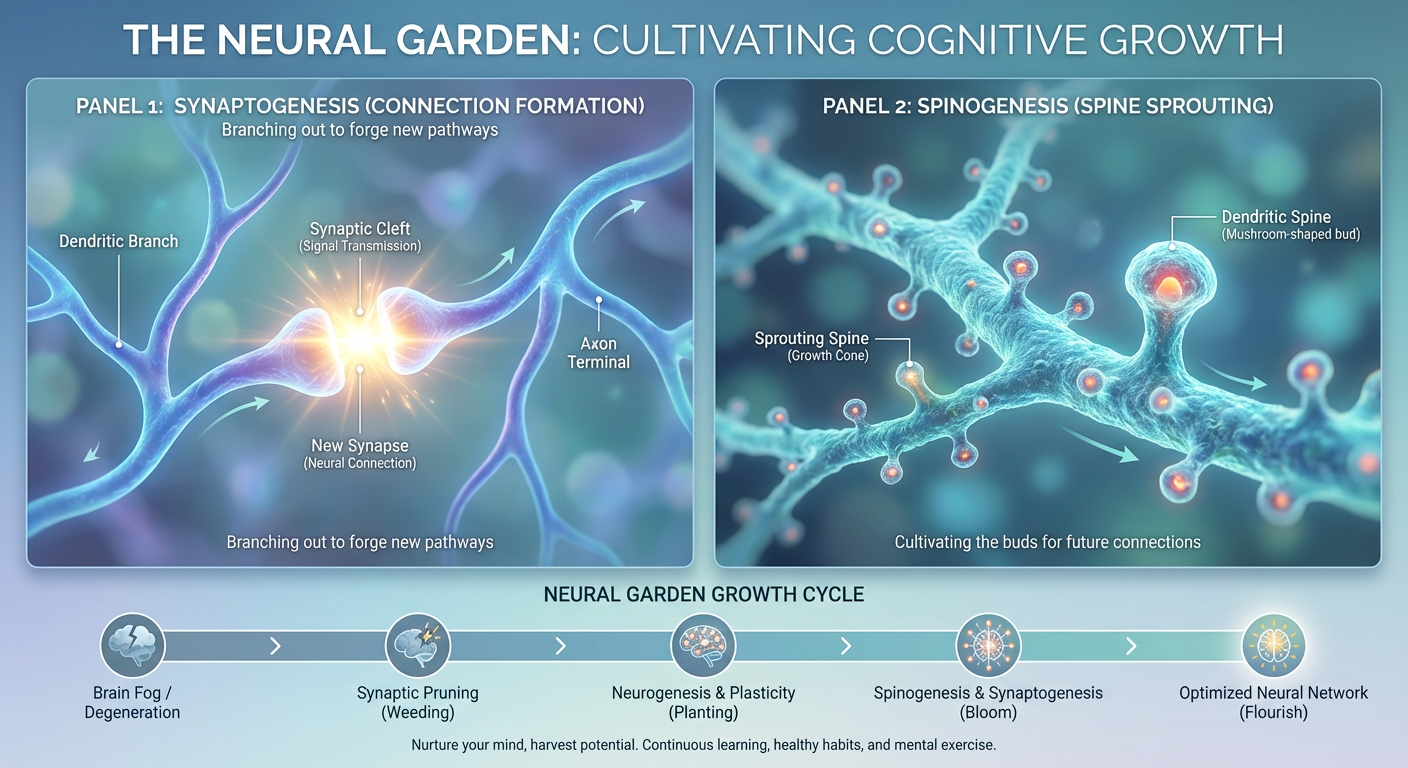 A detailed medical diagram showing Synaptogenesis and Spinogenesis, featuring a close-up of a dendritic spine and synaptic connections between neurons.