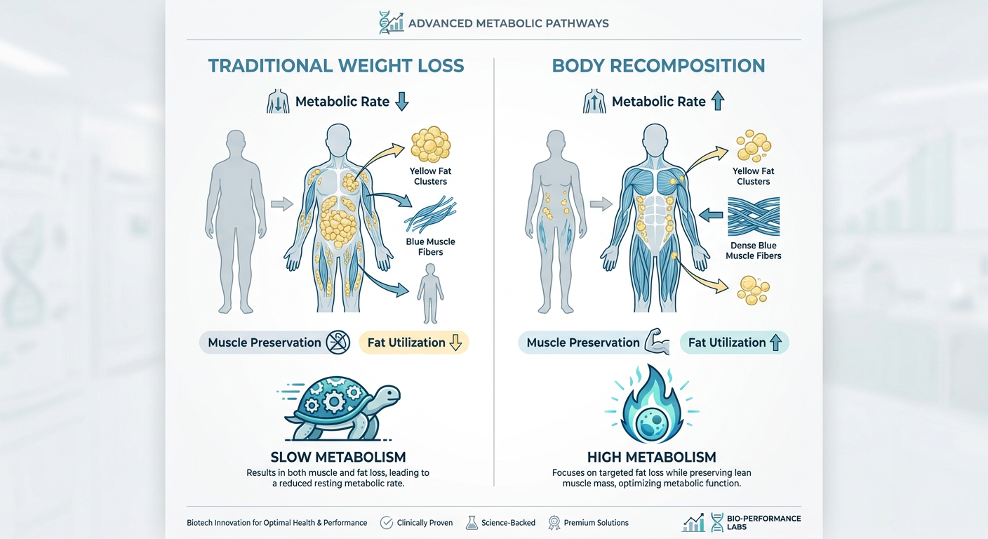 A detailed medical infographic comparing traditional weight loss vs. body recomposition, showing the impact on muscle mass and metabolism.