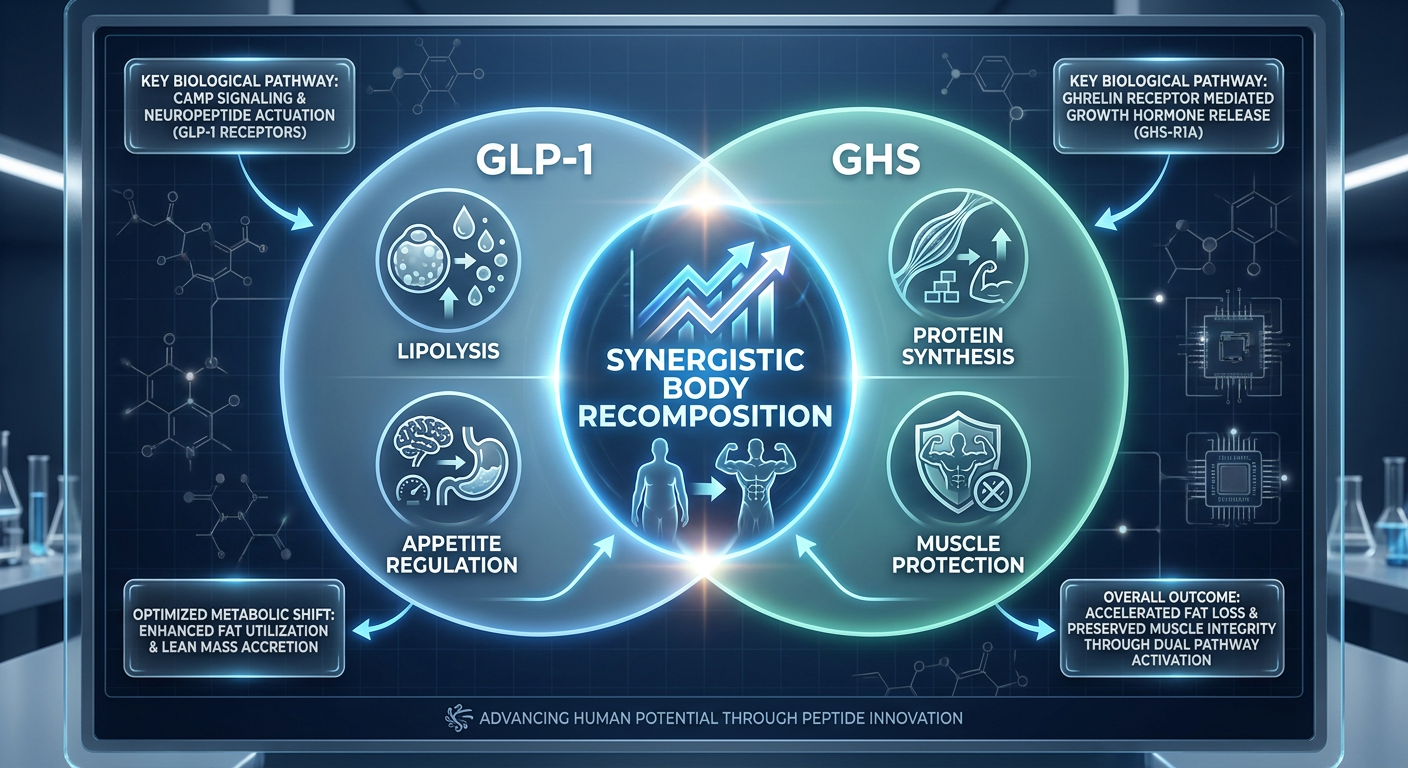 A scientific diagram showing the synergy between GLP-1 medications and Growth Hormone Secretagogues for body composition.