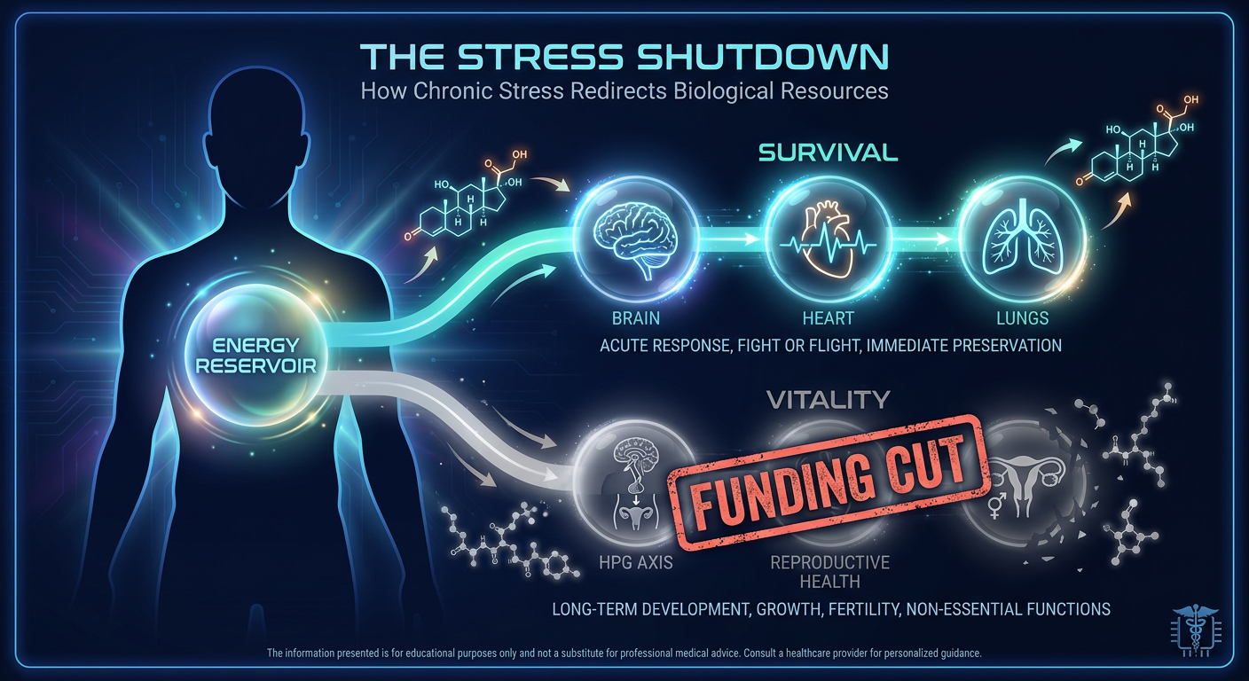 An infographic titled 'The Stress Shutdown,' showing how the body redirects energy from the reproductive system to survival organs during chronic stress.