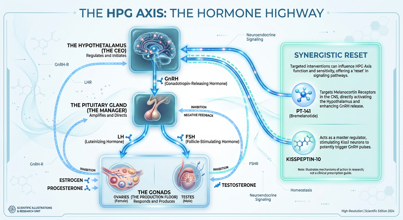 An infographic detailing the HPG Axis Command Chain, showing the flow from the Hypothalamus to the Pituitary to the Gonads.