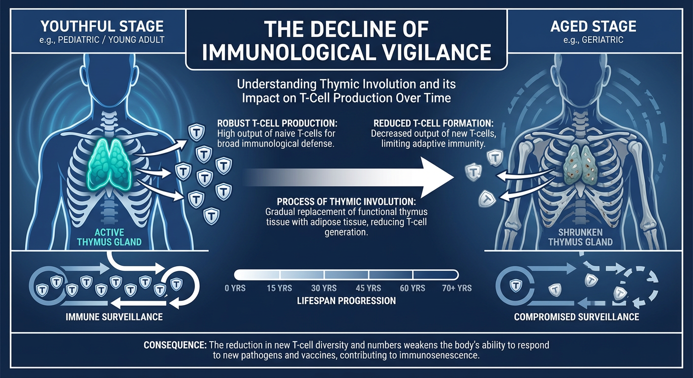 An infographic showing the decline of the thymus gland with age and the resulting decrease in T-cell production, contrasted with a healthy, active thymus.