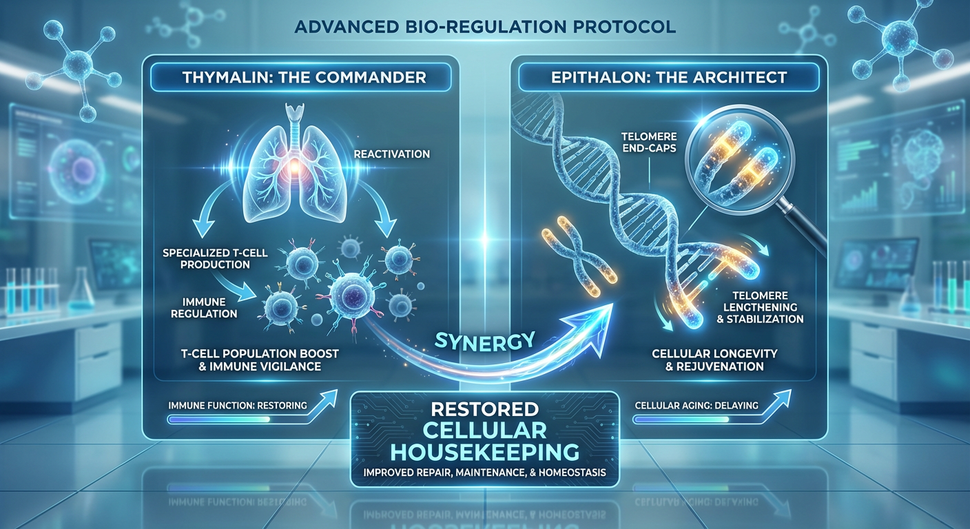 A comparative diagram showing how Thymalin and Epithalon work together to improve cellular health and immune surveillance.