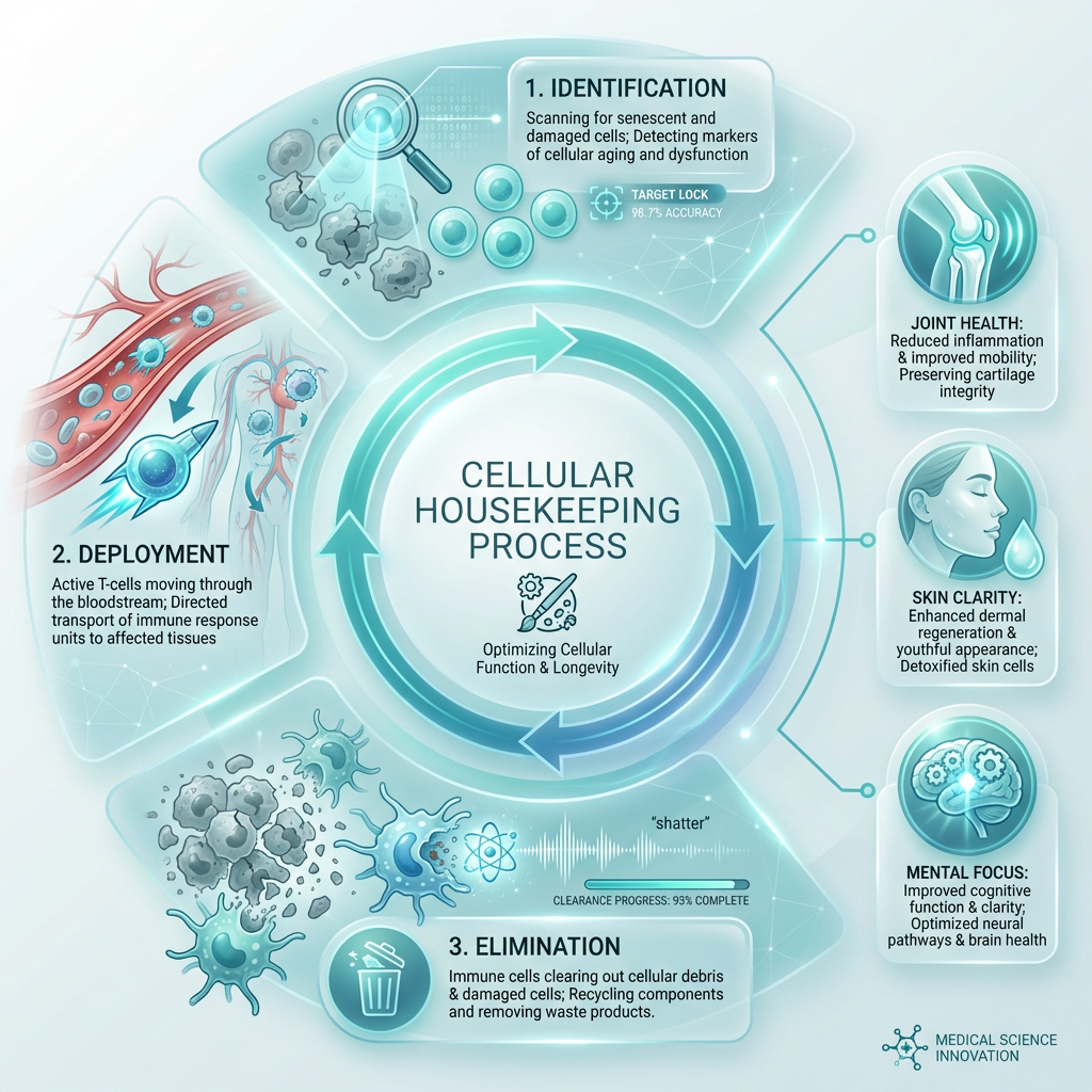 A step-by-step visual guide on how a healthy immune system acts as a janitorial service to clear out aging cells.