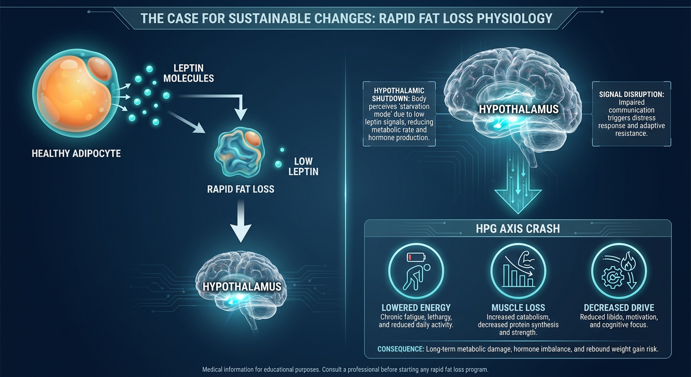 A medical infographic showing the biological mechanism of metabolic hypogonadism caused by rapid fat loss, illustrating the ripple effect from fat cells to the brain.