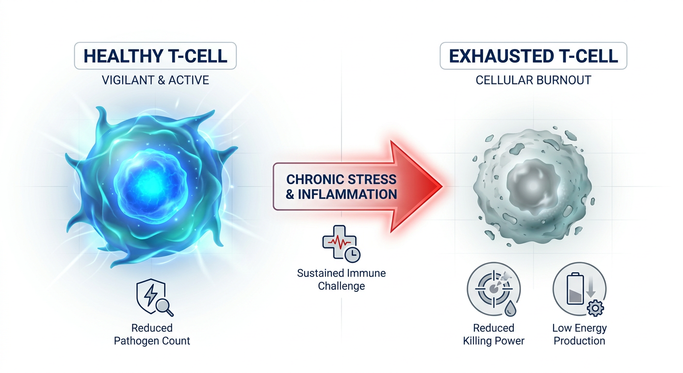A side-by-side comparison diagram showing a Healthy T-Cell vs. an Exhausted T-Cell, illustrating cellular burnout and loss of vigilance.