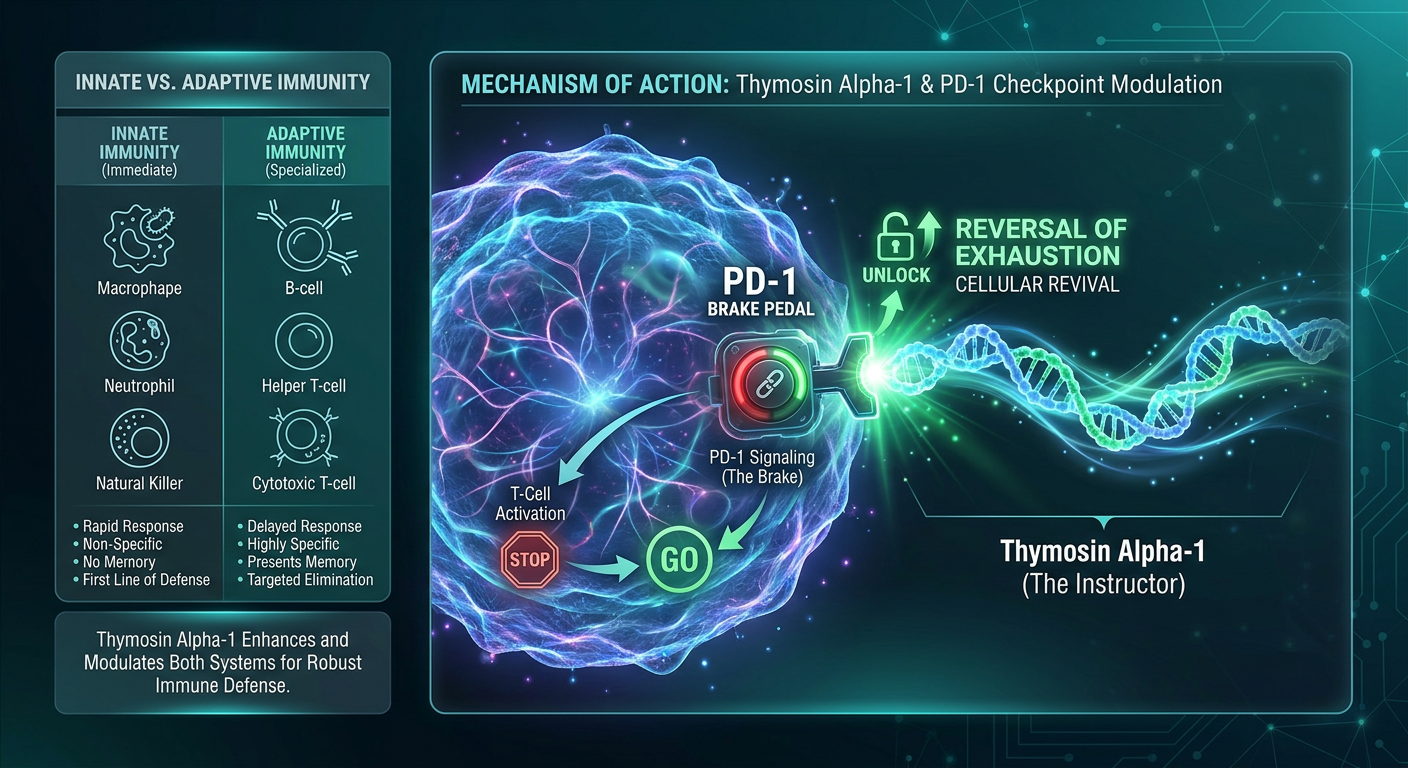 A molecular diagram showing Thymosin Alpha-1 interacting with a T-cell to inhibit PD-1 signaling, acting as a natural reset button for the immune system.