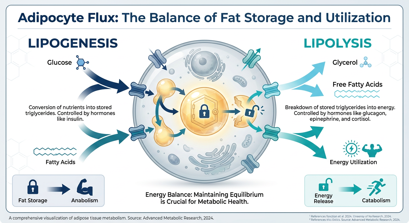 A professional medical infographic illustrating the concept of Adipocyte Flux, comparing Lipogenesis fat storage with Lipolysis fat breakdown, featuring a clean teal and white color scheme.