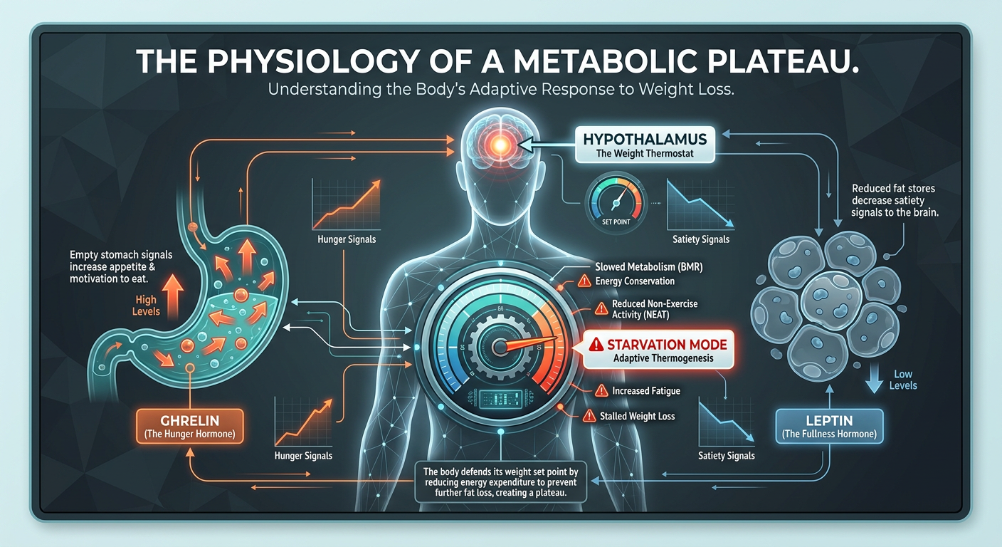 A medical infographic titled 'The Metabolic Set Point' demonstrating the biological mechanism of a weight loss plateau involving the hypothalamus, leptin, and ghrelin.