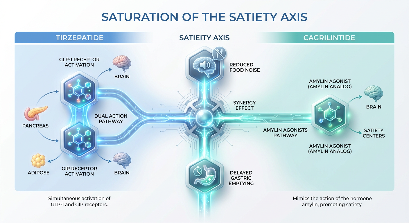 A scientific comparison infographic showing the synergistic mechanisms of Cagrilintide and Tirzepatide on the satiety axis.