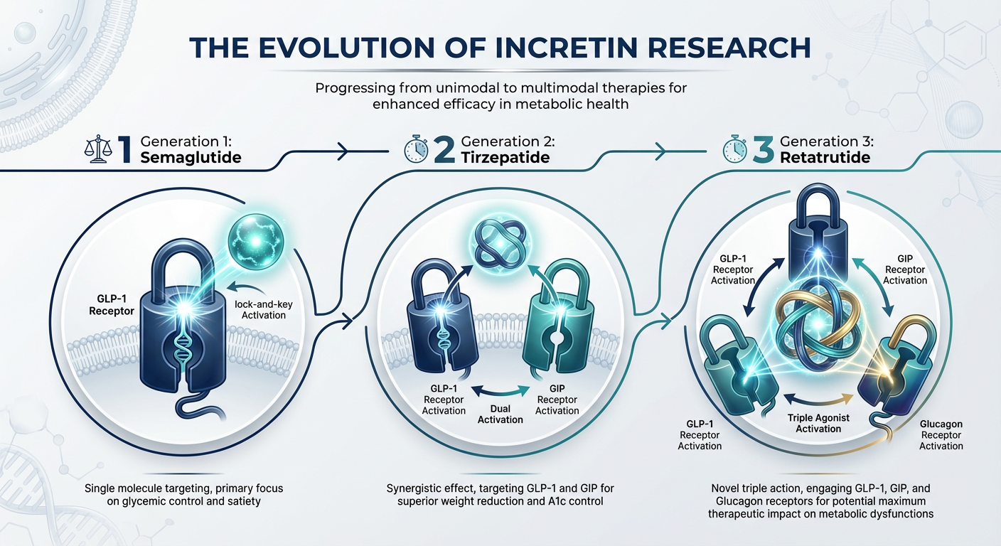 A comparison infographic showing the evolution of incretin peptides from single-target to triple-target agonists.