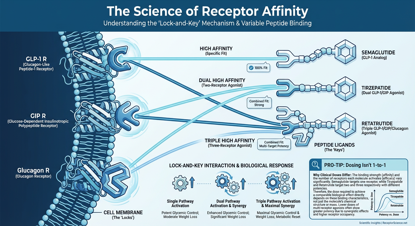 A diagram illustrating the concept of Receptor Affinity and the Lock-and-Key mechanism for metabolic peptides.