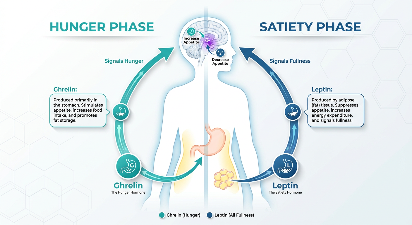 Infographic illustrating the hormonal feedback loop of Leptin and Ghrelin in the human body, comparing state of hunger versus satiety.