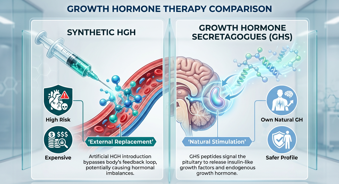 An infographic comparing the direct injection of synthetic HGH vs. the natural stimulation of Growth Hormone Secretagogues (GHS) showing the brain's pituitary gland.