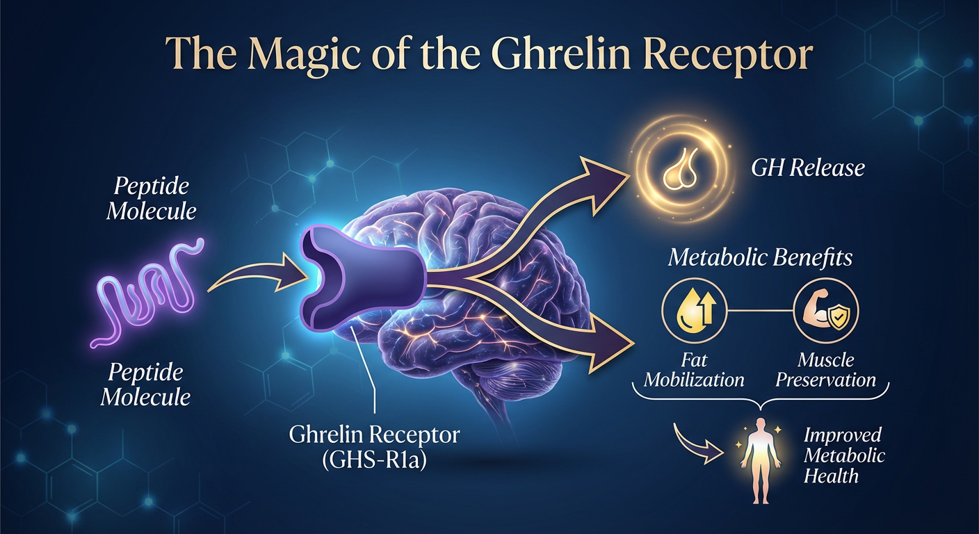 A scientific diagram illustrating the Ghrelin Receptor pathway, showing how ghrelin-mimicking peptides trigger growth hormone release while protecting muscle.
