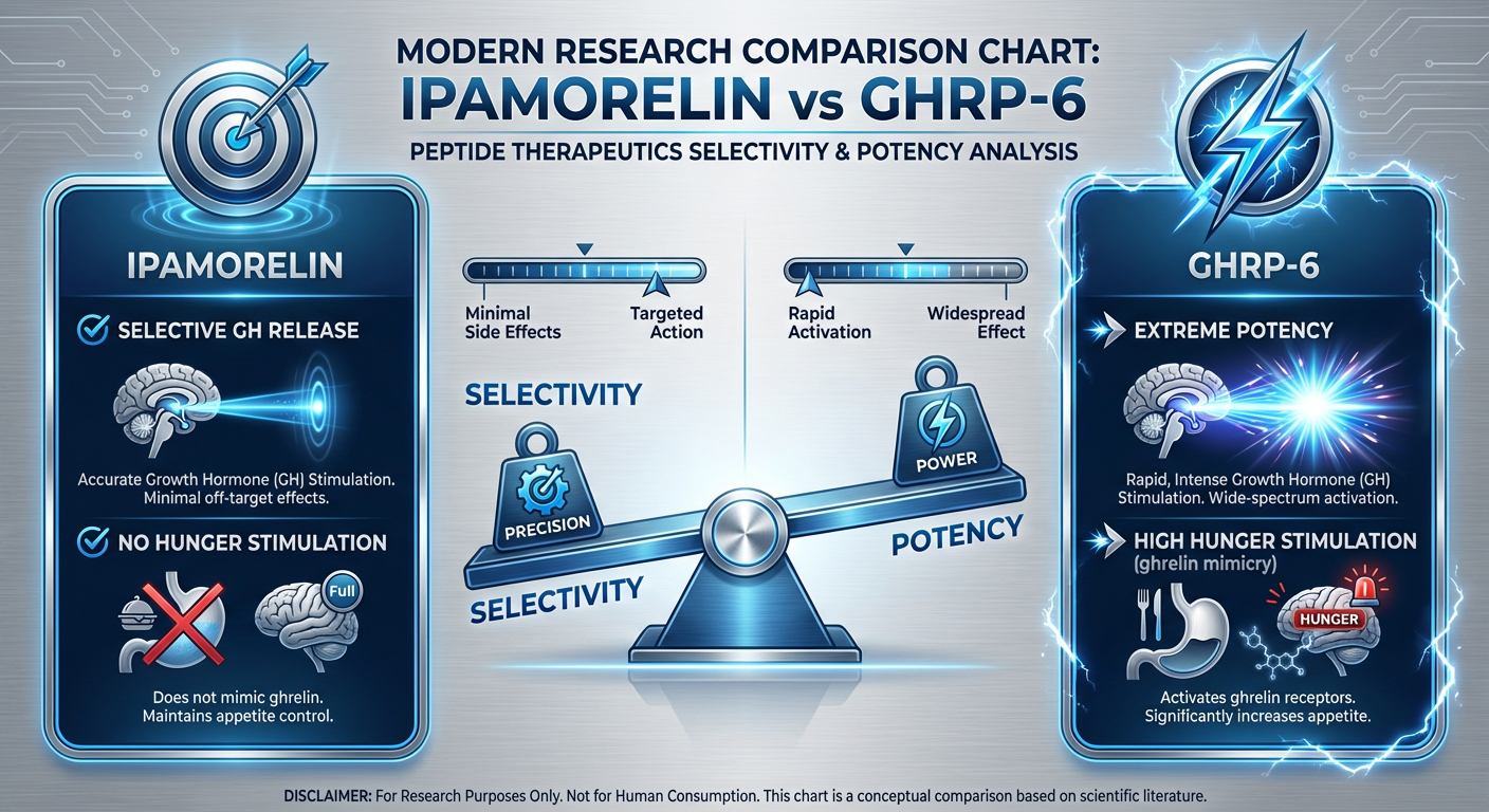 A side-by-side comparison chart of Ipamorelin and GHRP-6 research models, focusing on selectivity of growth hormone release versus side effects like hunger.