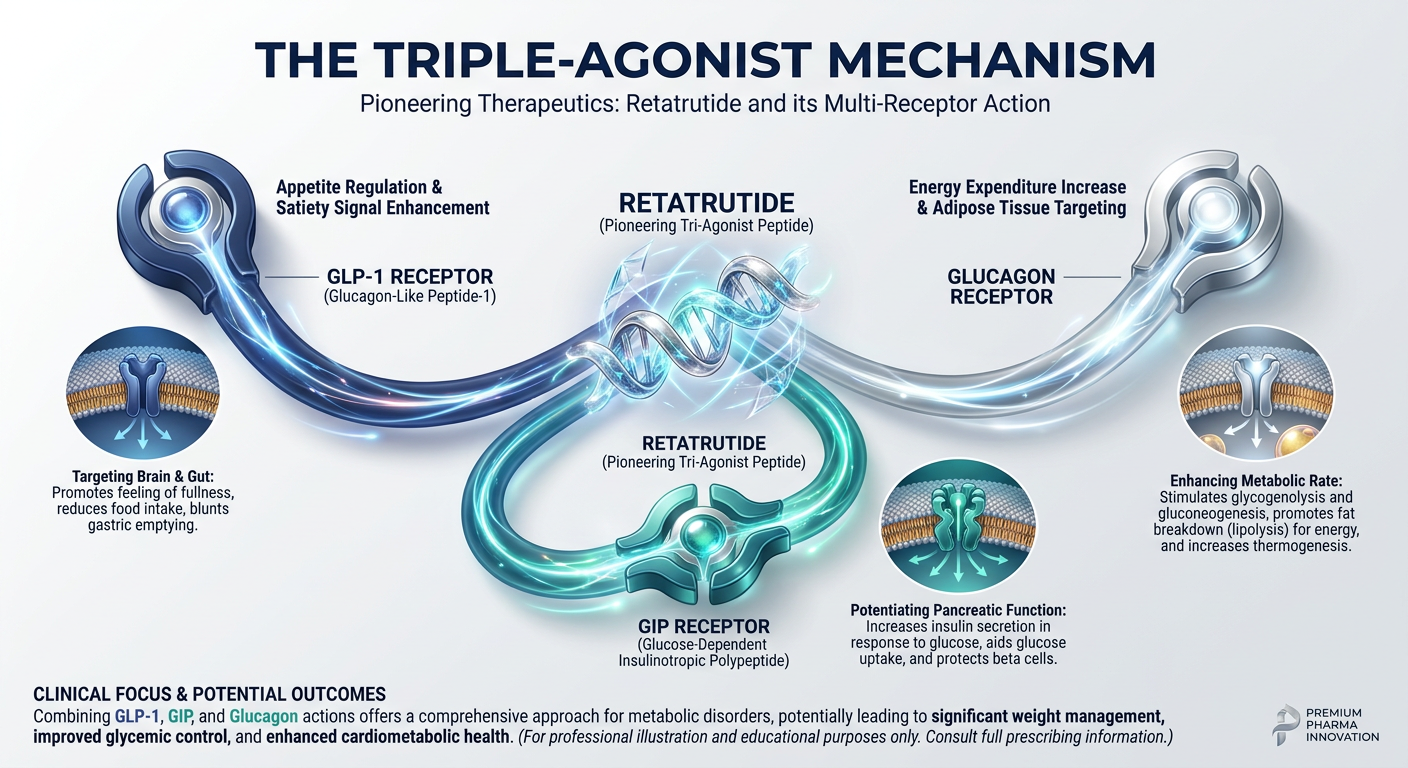 Infographic showing the 'Triple-Agonist' mechanism of Retatrutide. A 3D peptide structure is shown binding to three distinct receptors: GLP-1, GIP, and Glucagon, illustrating enhanced metabolic regulation.