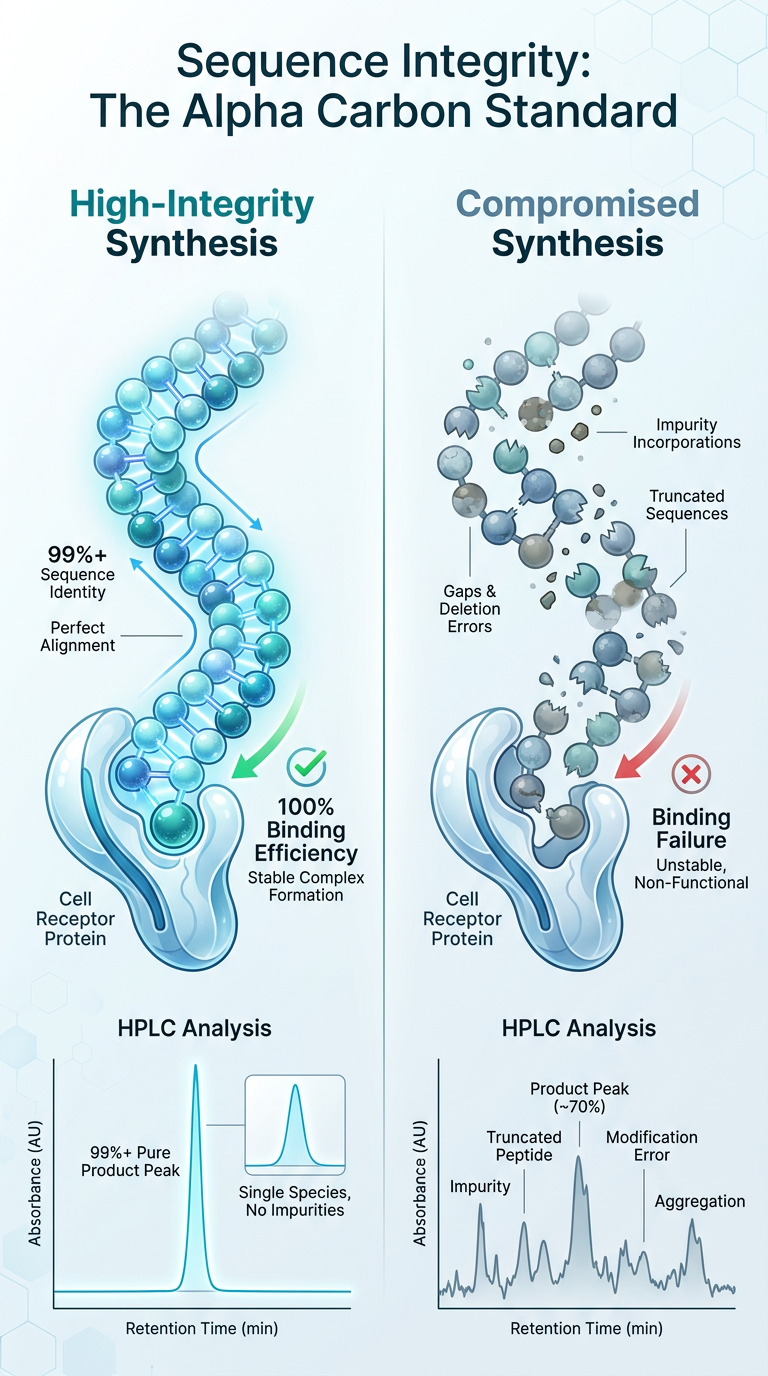 Infographic comparing 'Sequence Integrity' in peptide synthesis. One side shows a perfectly aligned amino acid chain (High Integrity), while the other shows a fragmented, impure chain (Compromised Integrity).