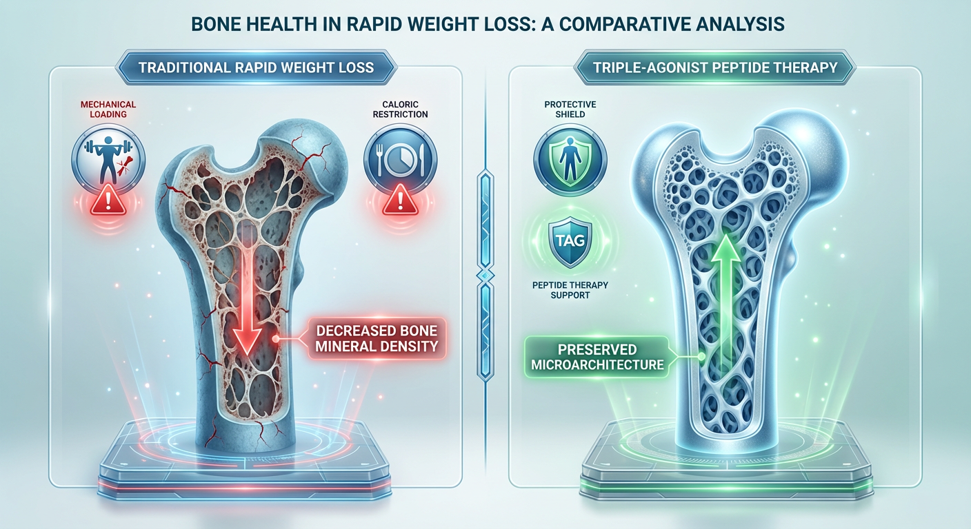 Infographic comparing traditional weight loss bone density loss versus peptide-assisted bone preservation.