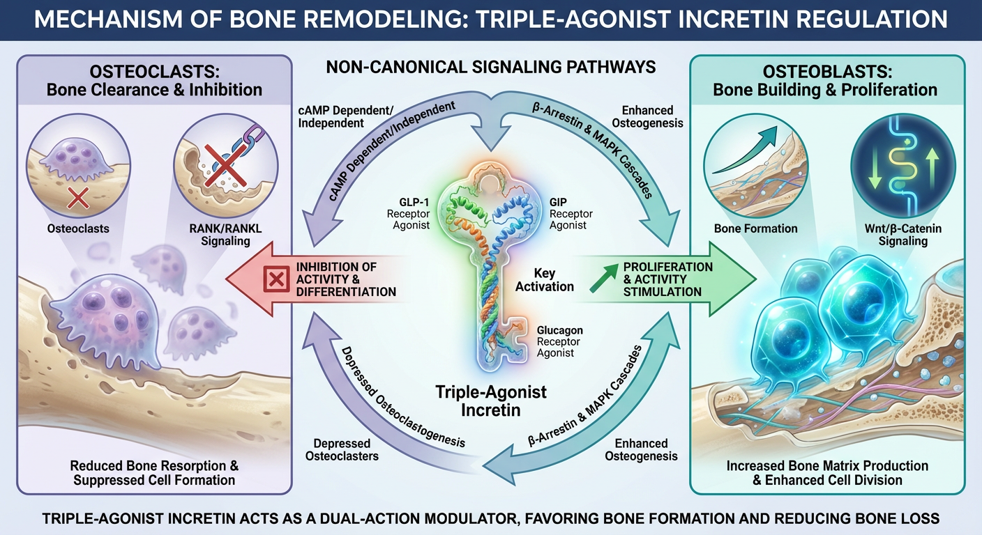 Infographic explaining the mechanism of action of triple-agonist incretins on osteoblast proliferation and bone remodeling.