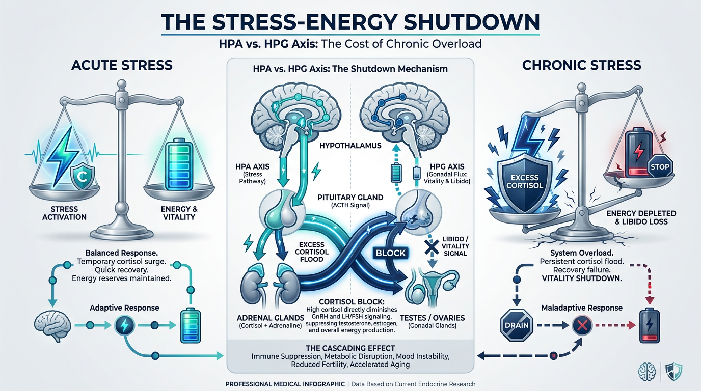 An infographic titled 'The Stress-Energy Shutdown' showing the biological pathway of how cortisol inhibits the reproductive system. It features a human silhouette with icons for the brain, adrenal glands, and gonads, connected by arrows showing hormonal flow.