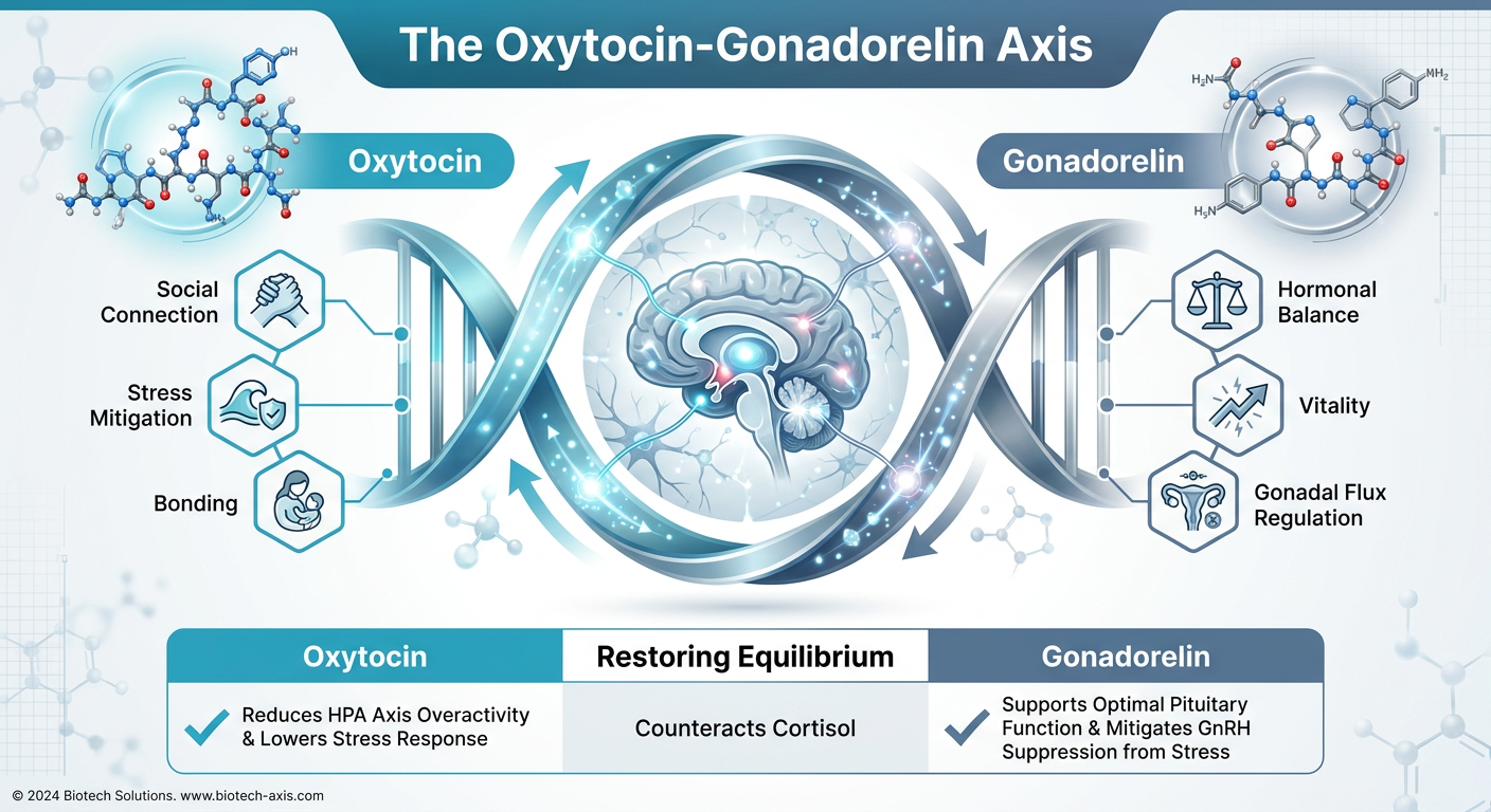An infographic titled 'Mapping the Neuropeptide Axis' illustrating the synergistic relationship between Oxytocin and Gonadorelin. It features molecular structures and a central diagram of a brain with glowing nodes representing hormonal balance and social connection.