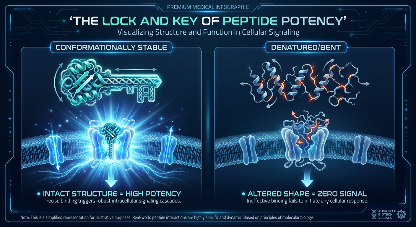A high-resolution scientific infographic titled 'The Lock and Key Mechanism of Peptide Potency' showing a 3D peptide structure fitting into a cellular receptor.