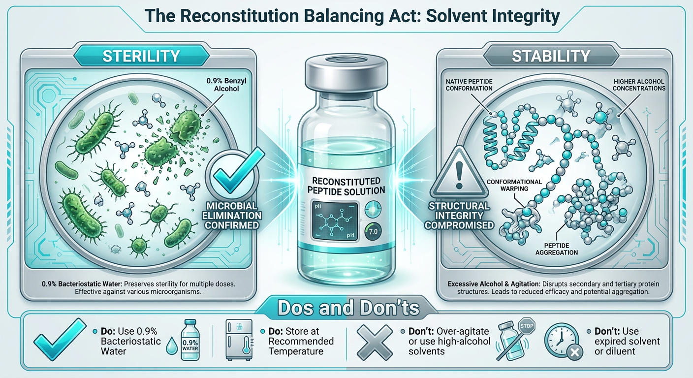 An infographic entitled 'The Reconstitution Balancing Act' comparing the effects of 0.9% Benzyl Alcohol versus higher concentrations on peptide integrity.