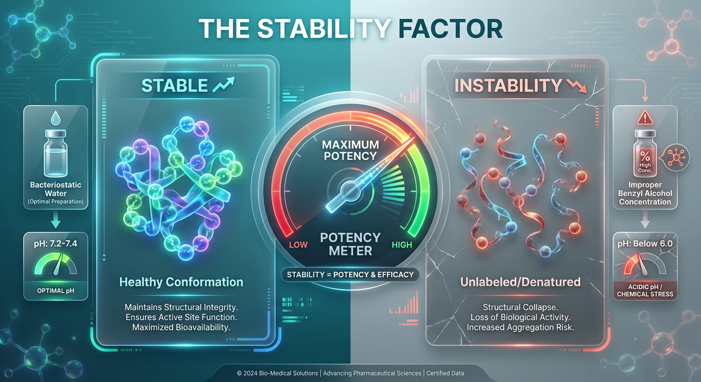 Infographic showing the effects of Benzyl Alcohol and pH on the stability of reconstituted Tirzepatide and Retatrutide.
