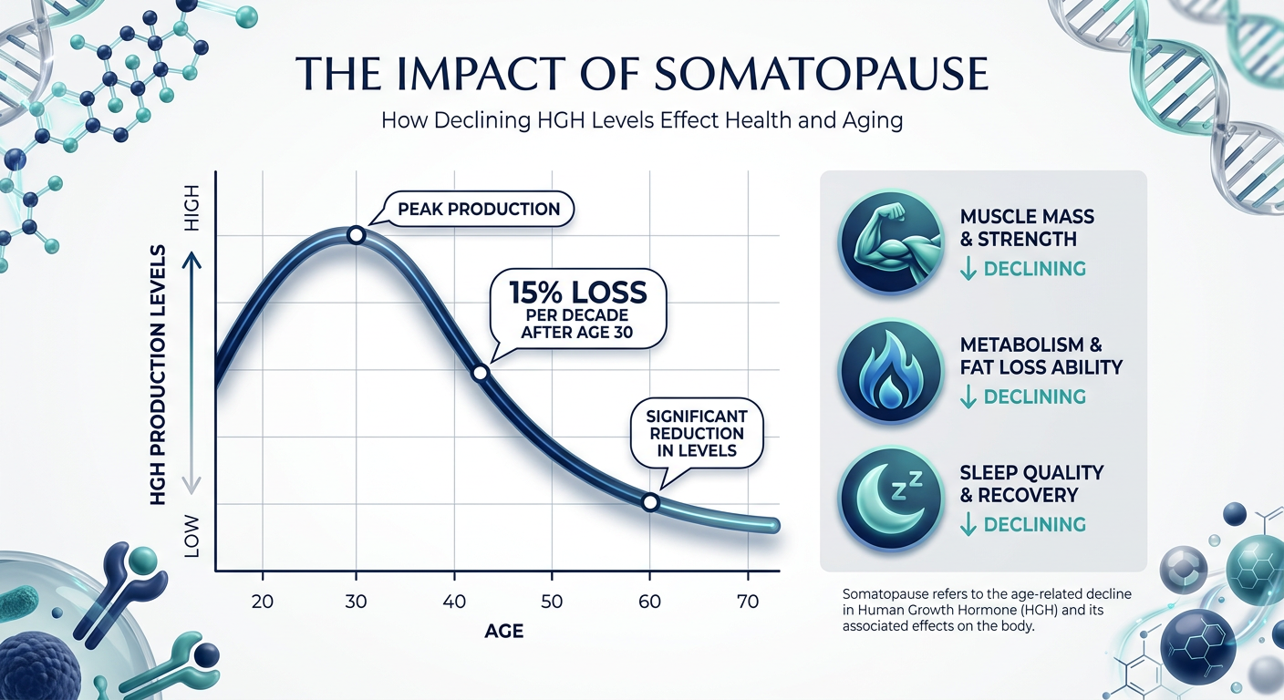 A scientific infographic showing a line graph comparing the 15 percent decline of HGH levels per decade against the potential restoration using peptide research models.