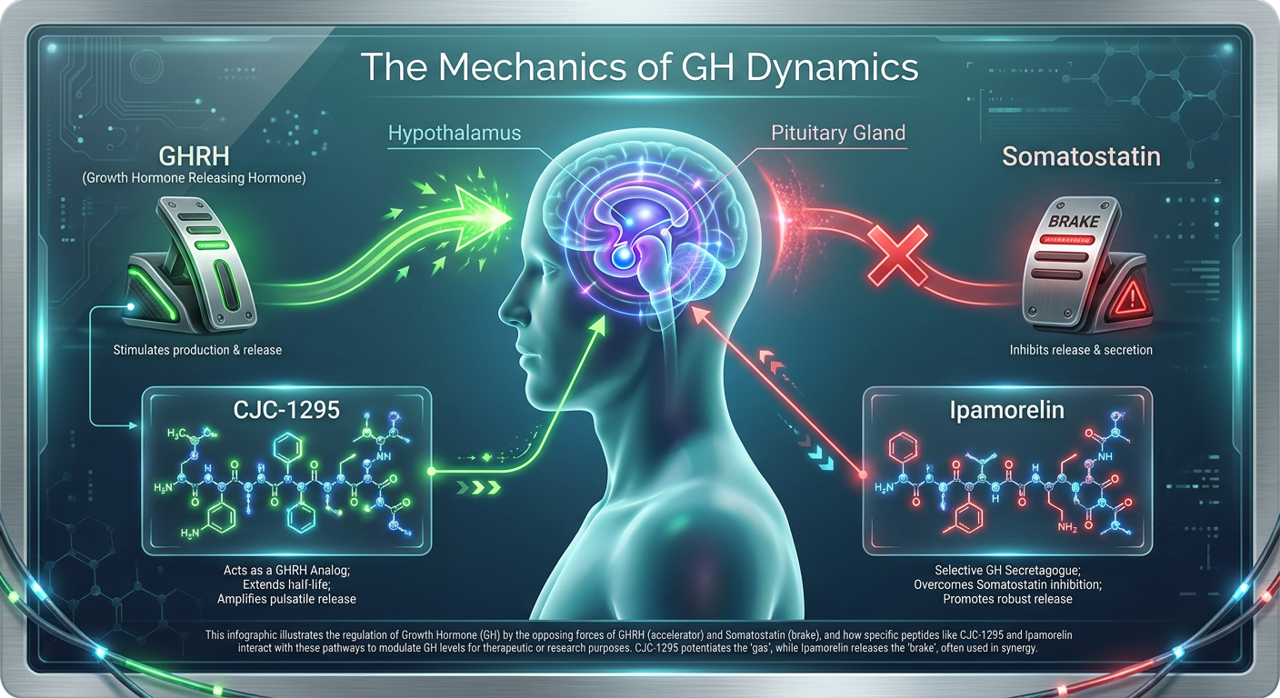 A biological diagram of the 'Gas and Brakes' mechanism of Growth Hormone production, featuring the Pituitary Gland, GHRH as the accelerator, and Somatostatin as the brake.