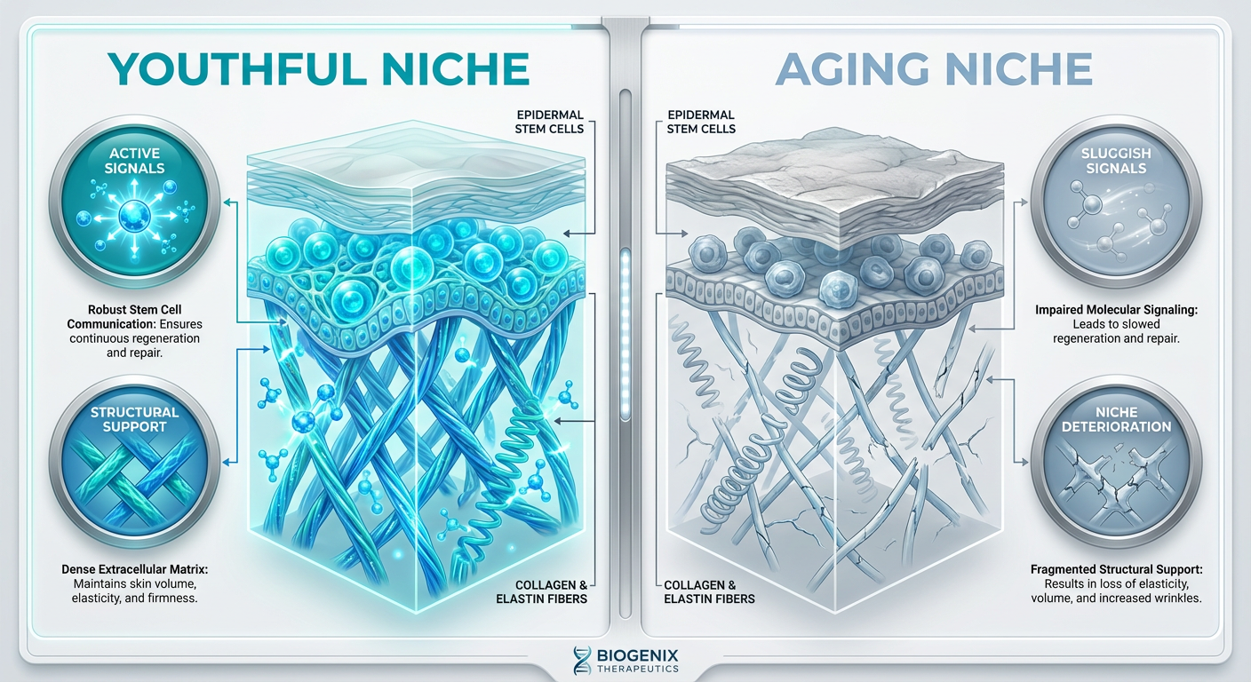 A detailed comparison infographic showing the anatomy of a youthful skin stem cell niche versus an aging one, highlighting the deterioration of the microenvironment.