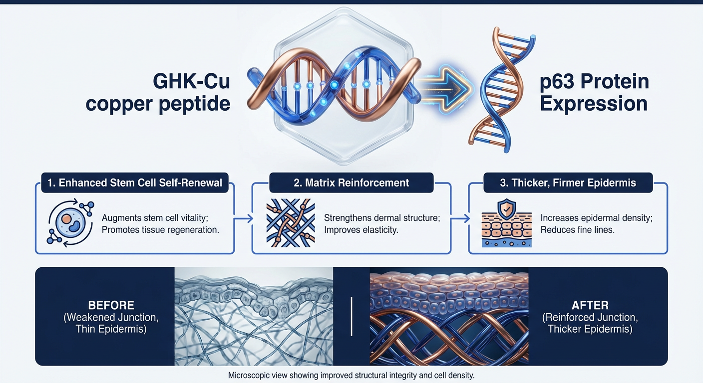 A scientific flowchart infographic demonstrating how GHK-Cu peptide interacts with p63 protein to revitalize aging skin stem cells and preserve the niche.