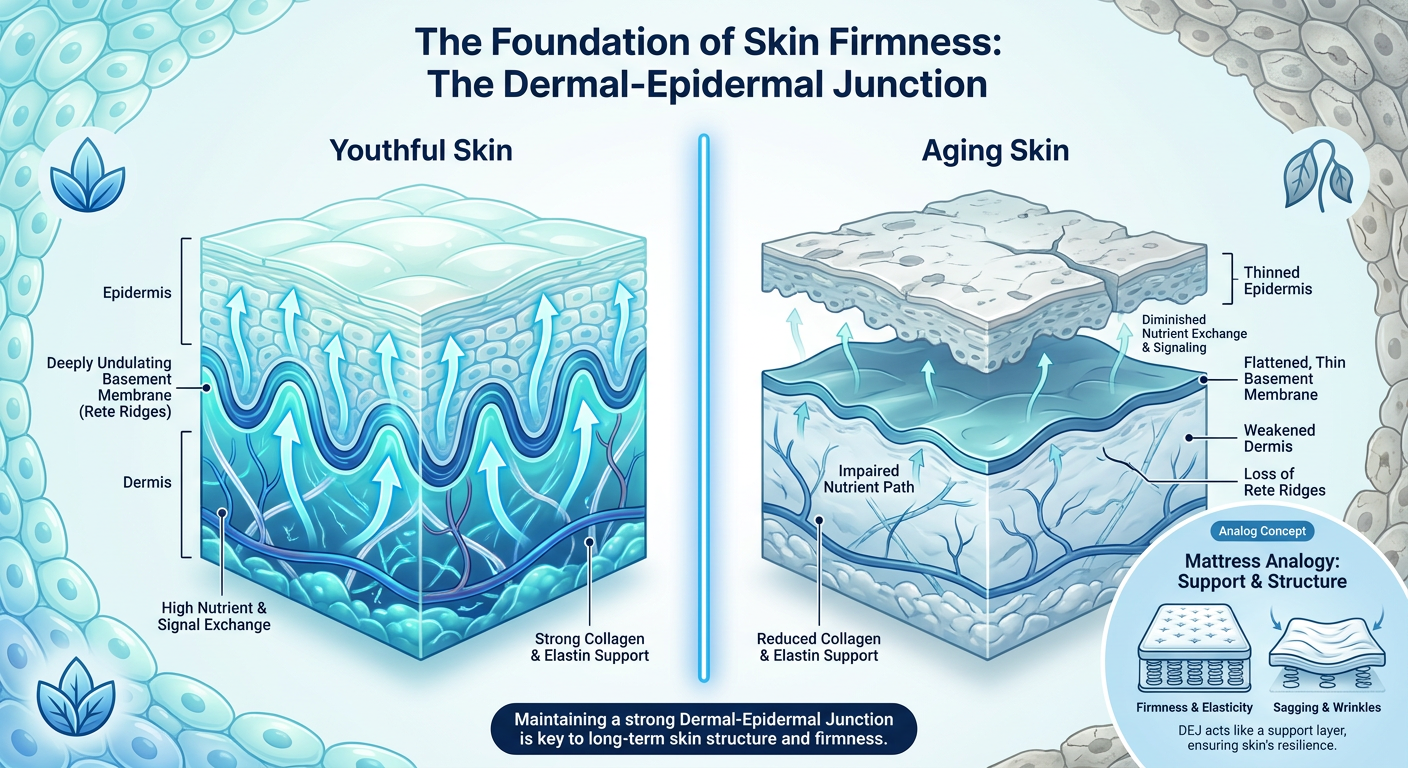 A scientific diagram illustrating the Dermal-Epidermal Junction (DEJ) comparing youthful wavy skin structure to aged flat skin structure.