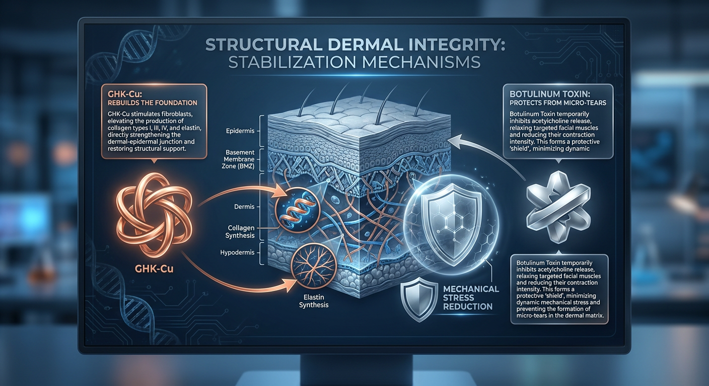 A biological flowchart showing the synergistic effects of GHK-Cu and Botulinum Toxin on skin structural integrity.