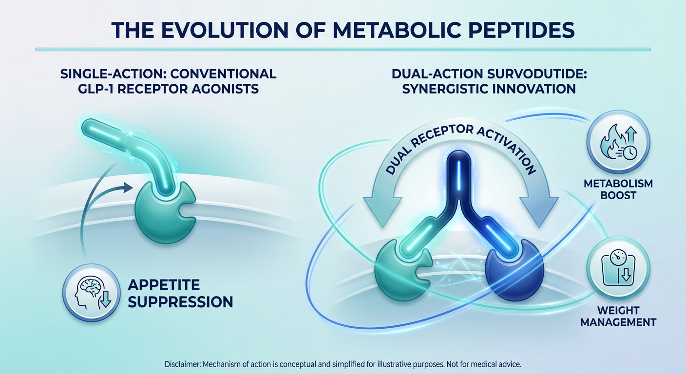 A professional medical infographic comparing single-agonist GLP-1 peptides to the dual-agonist action of Survodutide, highlighting the synergy of GLP-1 and Glucagon receptors.