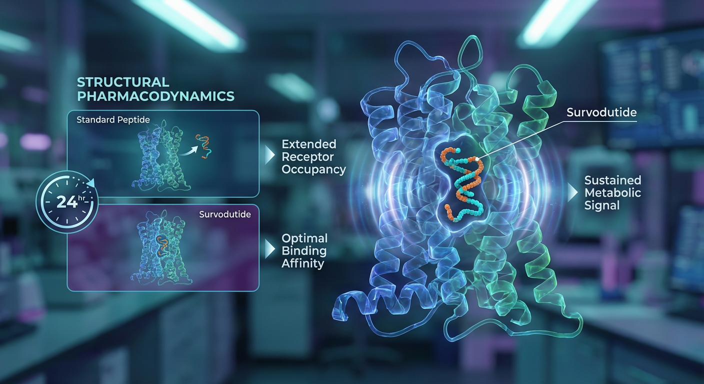 A detailed scientific diagram illustrating structural pharmacodynamics and extended receptor occupancy of Survodutide, showing a peptide locked firmly into a cellular receptor for sustained effect.