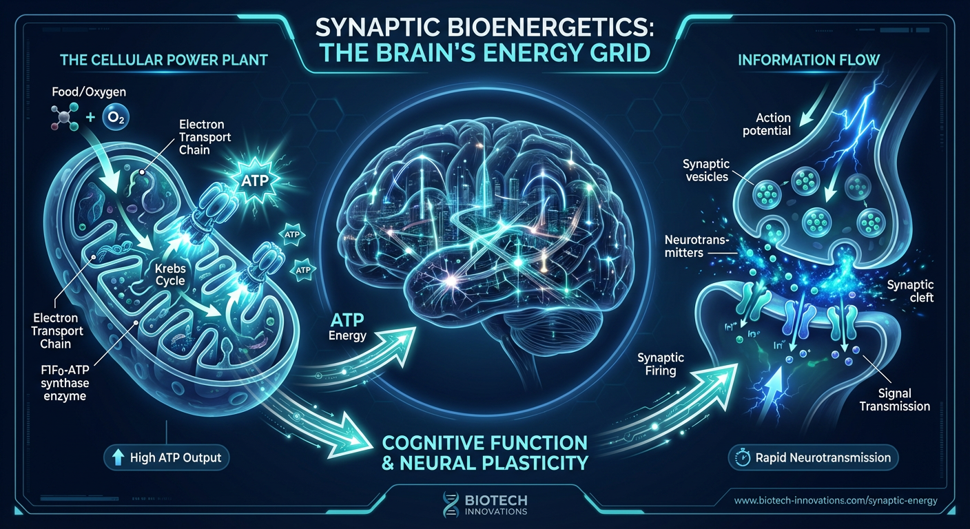 Infographic explaining Synaptic Bioenergetics using a city metaphor, showing mitochondria as power plants and synapses as glowing data intersections.