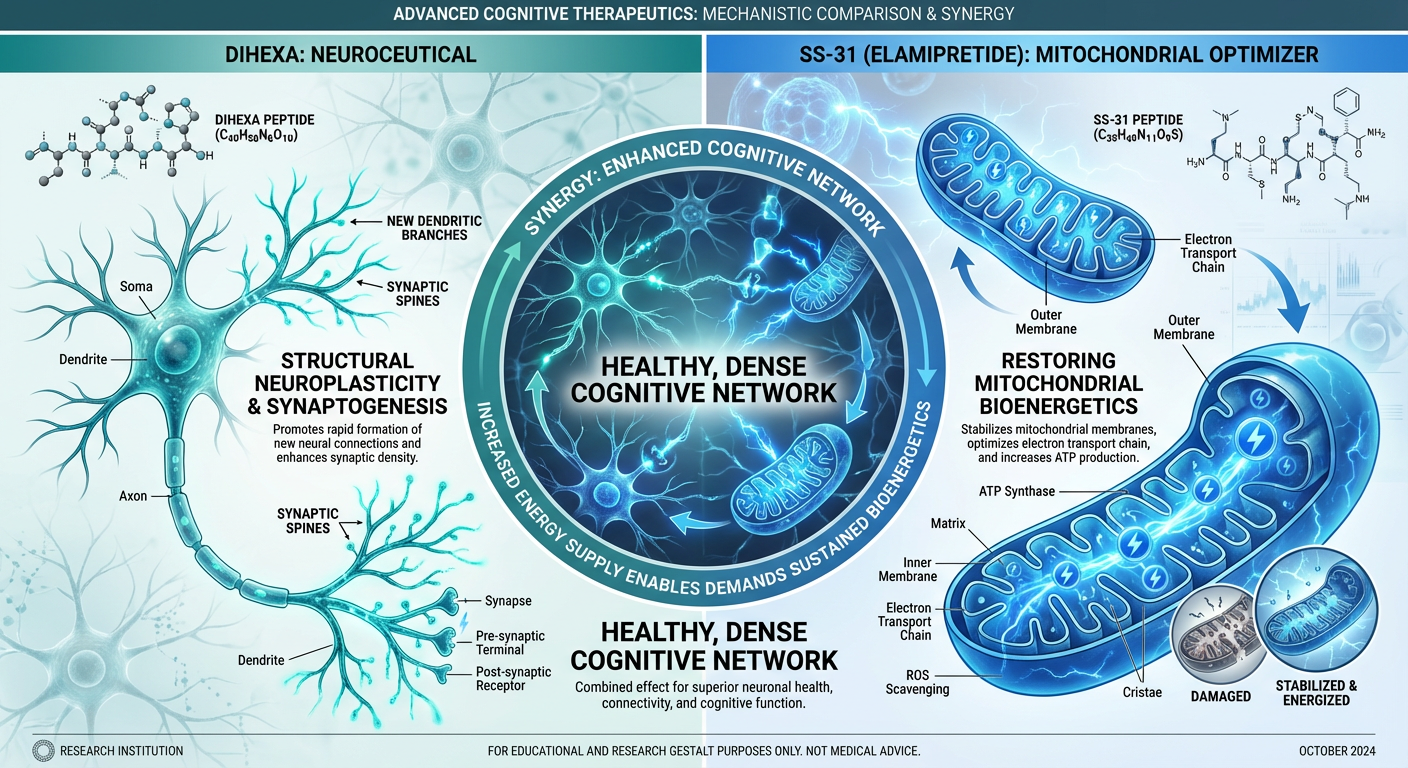 Infographic comparing the mechanisms of Dihexa and SS-31 peptides in the brain, focusing on structural repair and mitochondrial energy.