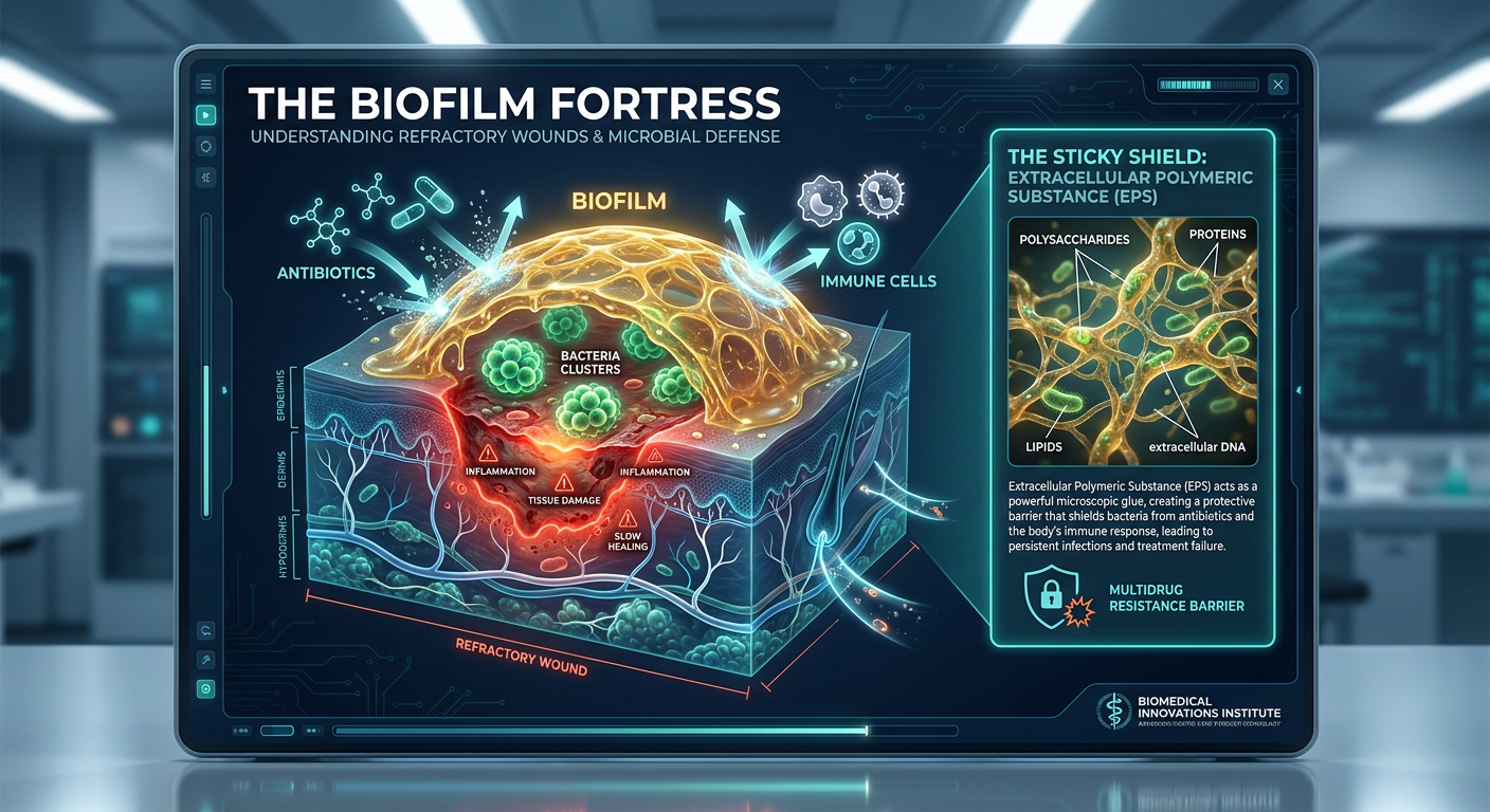 A 3D medical infographic showing how bacteria form a biofilm fortress over damaged tissue, blocking immune cells and nutrients.